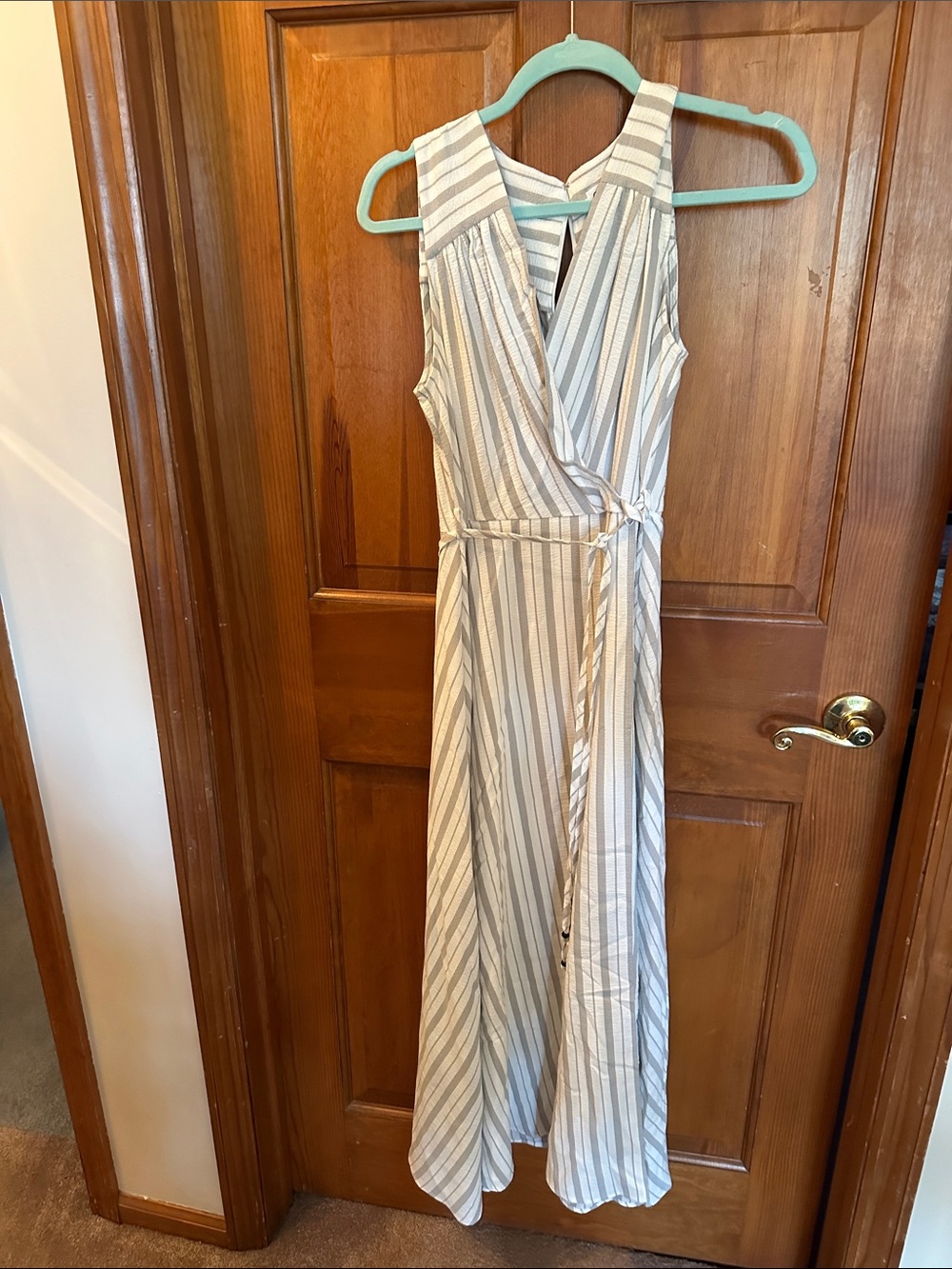 Calvin Klein Striped Sleeveless Wrap Maxi Dress in White and Light Gray
